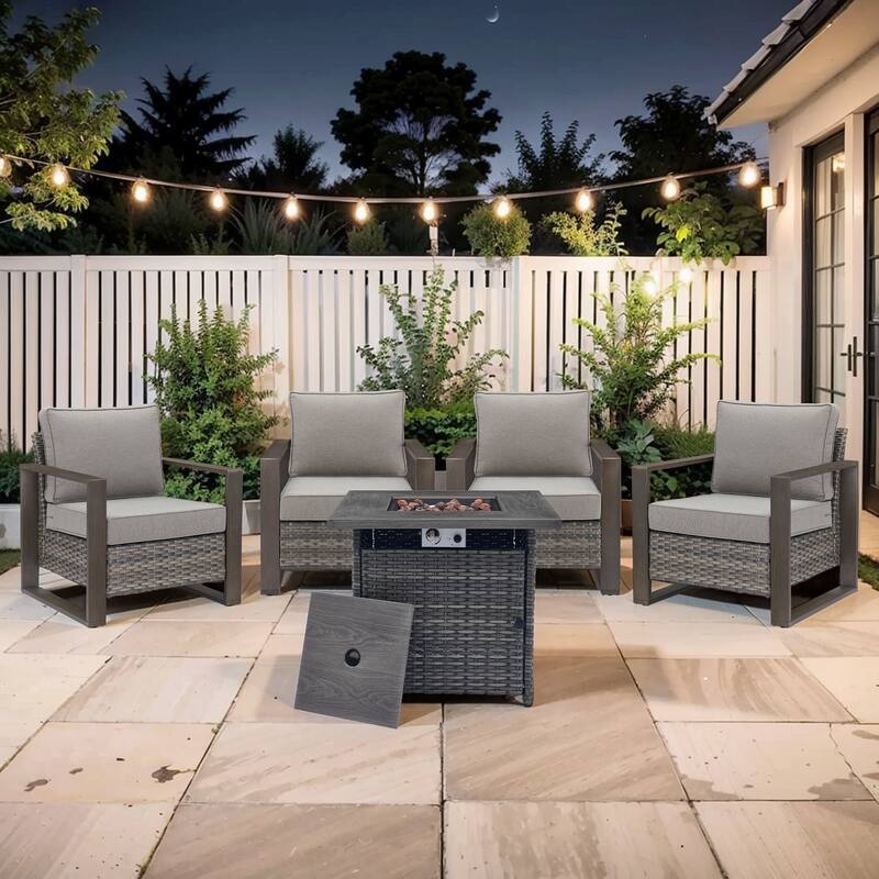 Pocassy Outdoor 30" Fire Pit Table with Sofa Swivel Chair Set - Grey Wicker Gray Cushion - 5-Piece Patio Chair with Suqare Fire Table