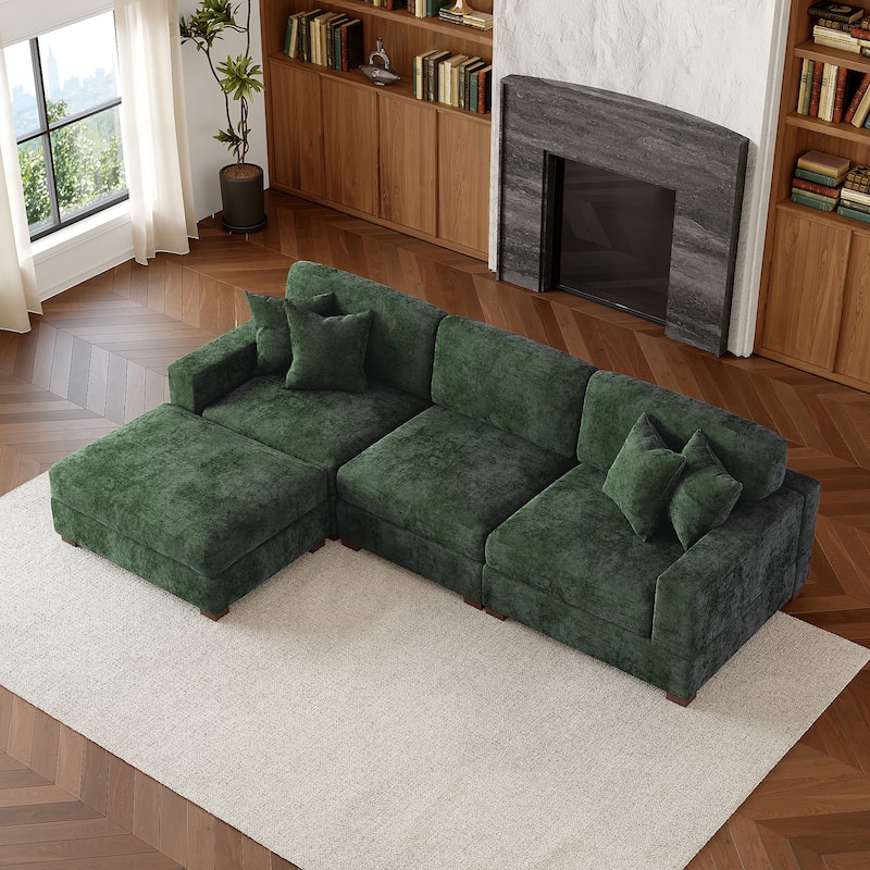 Oversized Chenille Modular Sectional Sofa Living Room Set with Ottoman - Green/4 Piece