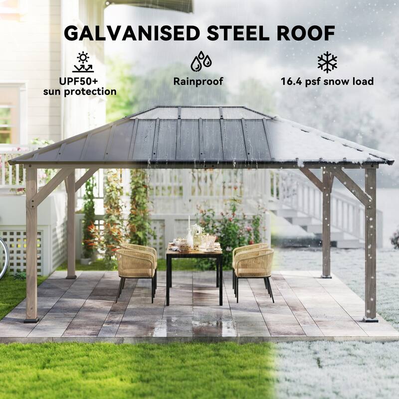 Outsunny 12' x 16' Hardtop Gazebo with Galvanized Steel Roof, Wood Permanent Pavilion Canopy Shelter with Roof Top,Light Walnut