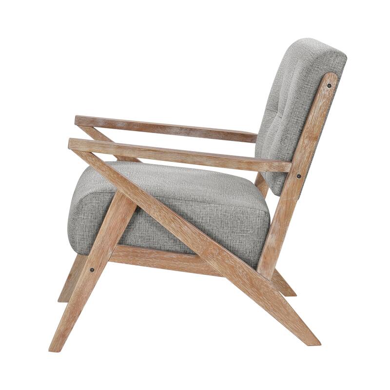 Unique Design Fabric Armchair with Antique Natural Finish and Tufted Back
