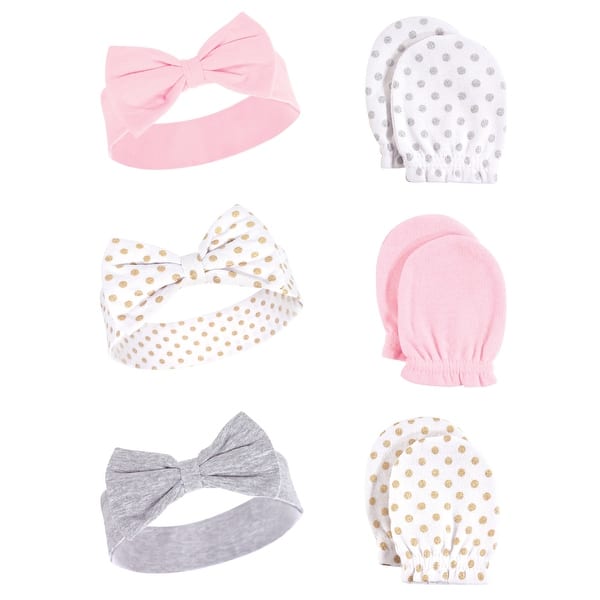 slide 1 of 1, Hudson Baby Infant Girl Cotton Headband and Scratch Mitten 6pc Set, Dots, 0-6 Months - Dots Dots - 0-6 Months