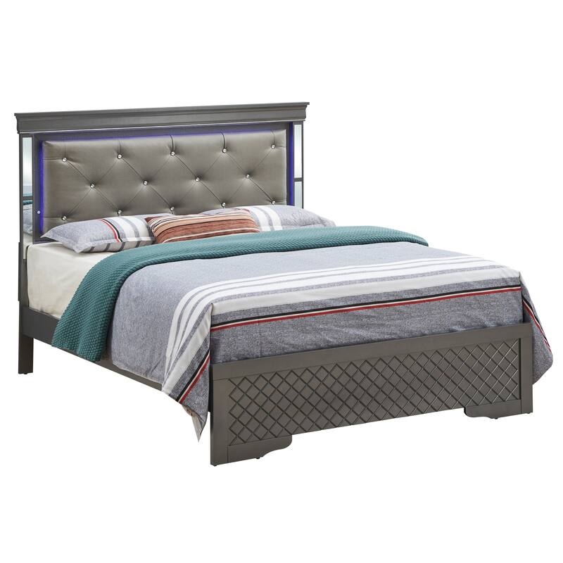 Queen Size Wood Platform Bed with LED Headboard and Leather Upholstery - Black