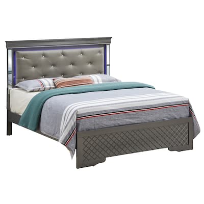 Queen Size Wood Platform Bed with LED Headboard and Leather Upholstery