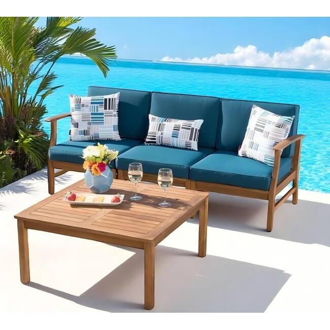 2-Piece Acacia Wood Outdoor Sofa Set with Coffee Table and Water-Resistant Cushions - Patio Seating with Removable Covers - Blue