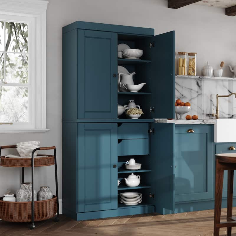 Solid Wood Tall Freestanding Kitchen Pantry Cabinet with Doors & 2 Drawers, Adjustable Shelves, Modular Storage, 32" W x 71.5" H - Teal Blue