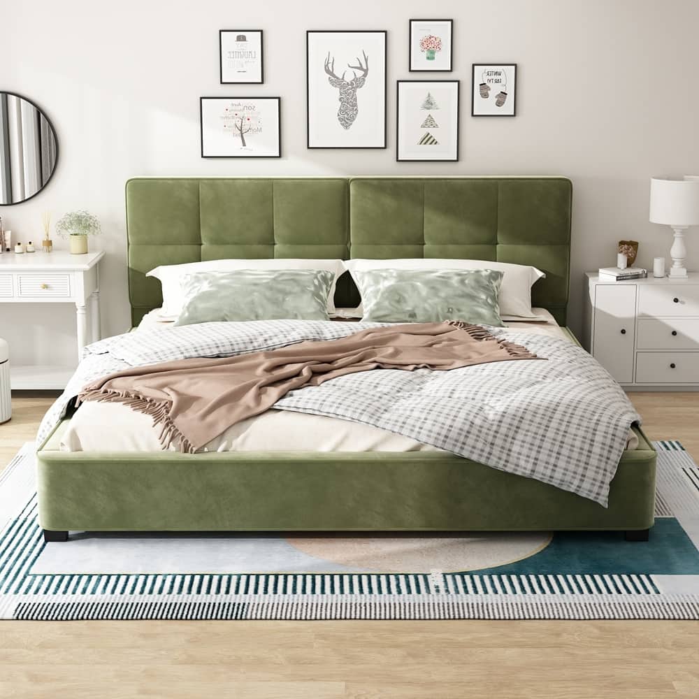 Upholstered Platform Bed King Size Velvet Bed Frame