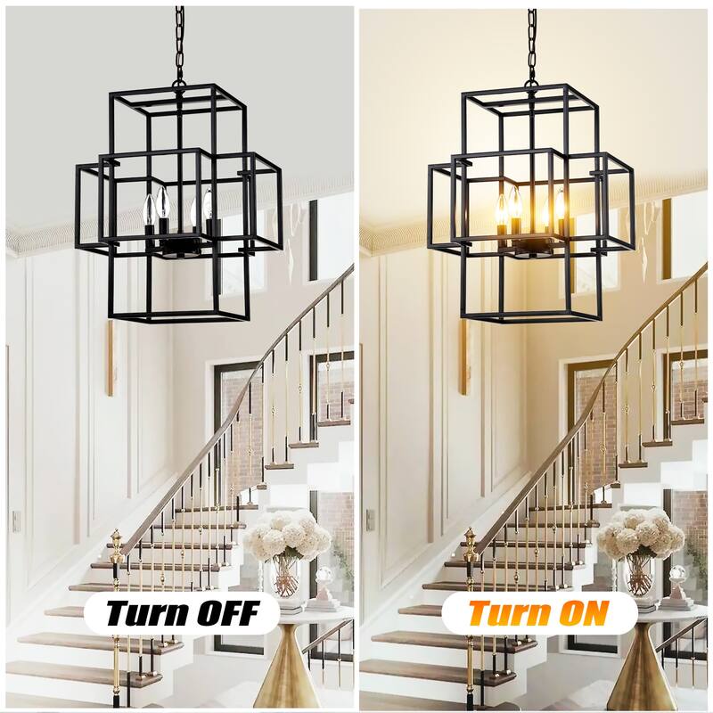 Industrial 4-Light Farmhouse Lantern Chandelier, Adjustable Height, for Dining Room and Kitchen, E12 Bulbs Not Included