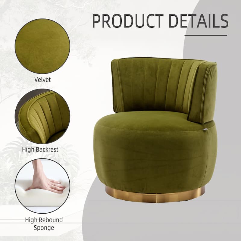 Swivel Barrel Chair, Comfy Velvet Upholstered Accent Sofa Chair, Leisure Club Chair with Shell-Shaped Back & Angled Armrests