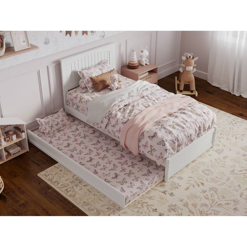 Twin Platform Bed with Trundle - White Wood Bed Frame & Panel Headboard - Space Saving Design