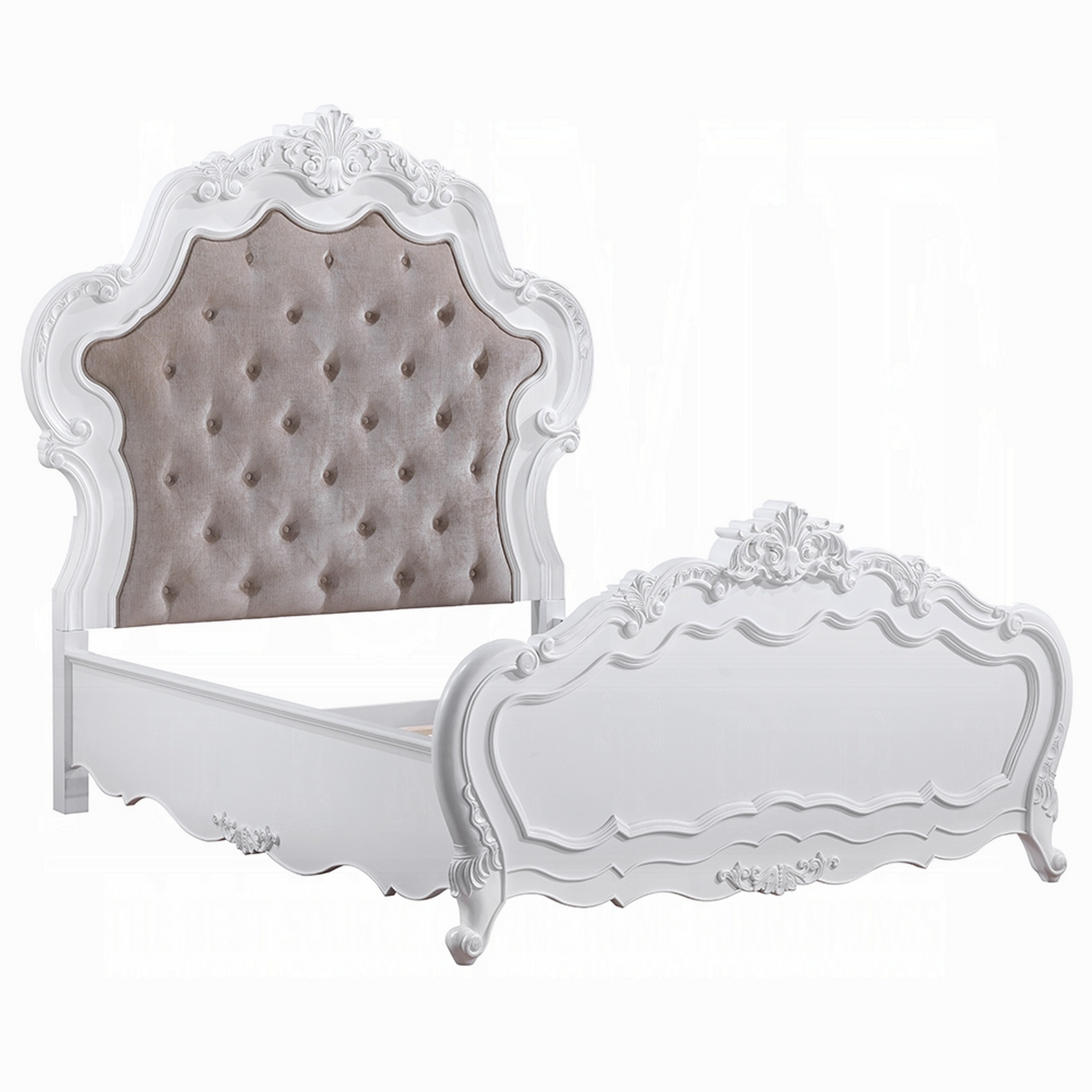 Maver Queen Size Bed, Taupe Upholstered Scalloped Headboard, White