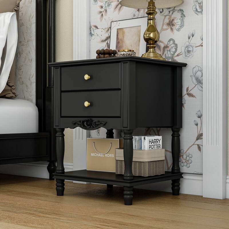 Nightstand Side Tables Drawers and Open Storage Shelf White Lacquer
