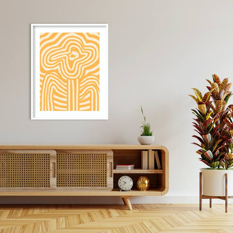 Yellow Striped Flower by Little Dean Wood Framed Wall Art Print - Svelte White