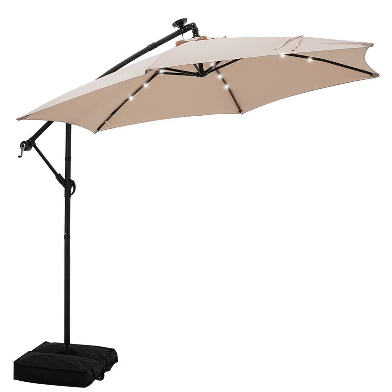 Autlaycil 10ft Offset Hanging Market Patio Umbrella With Base&Solar Lights - Khaki