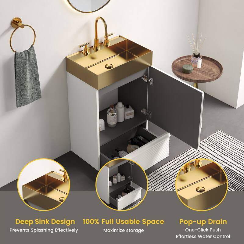 20" Striped Bathroom Vanity with Integrated Brushed Gold Metal Vessel Bathroom Sink, Freestanding Bathroom Cabinet