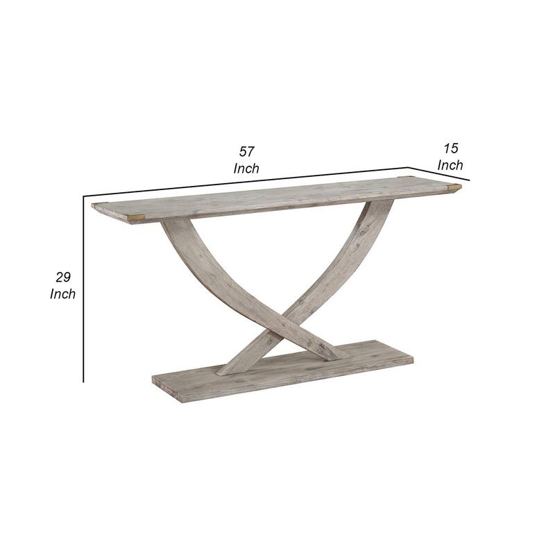 Kit 57 Inch Acacia Wood Console Table, Cross Legs, Gray