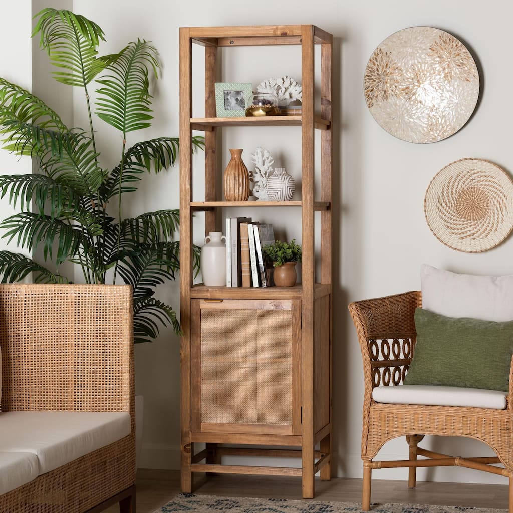 Sibu Storage Cabinet with Rattan Door - Tall Accent Display Tower with Open Shelves and Cabinet for Living Room or Bedroom