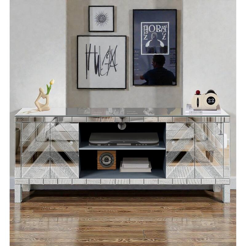 47 Inch Mirrored TV Stand with Diamond Glass Doors, Modern Media Console for TVs up to 50 Inch with Open Storage