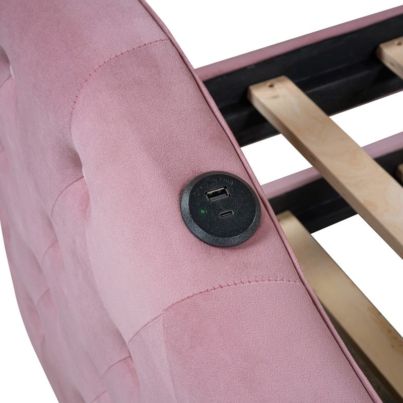 Twin Size Upholstered Daybed with Pop Up Trundle,Velvet Tufted Headboard with Charging Station