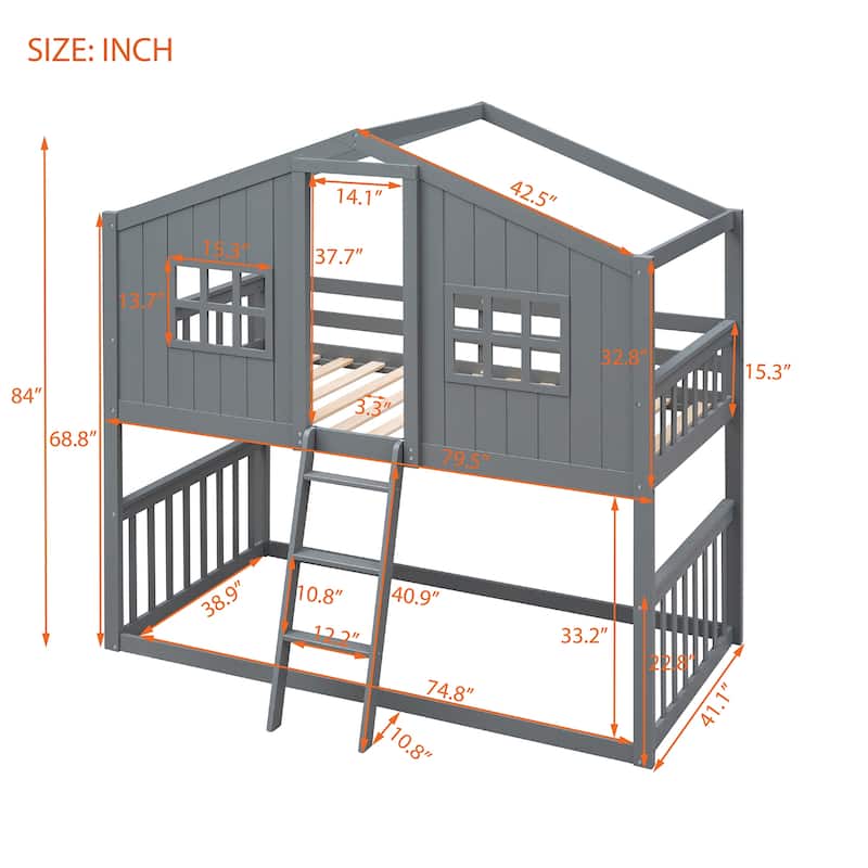 Twin Over Twin House Bunk Bed with Roof and Ladder, Solid Wood Frame, Playhouse Style Kids Bed, No Box Spring Needed