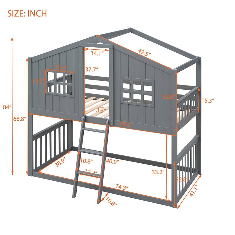 Twin Over Twin Size Playhouse Bunk Bed with Ladder, Roof & Window