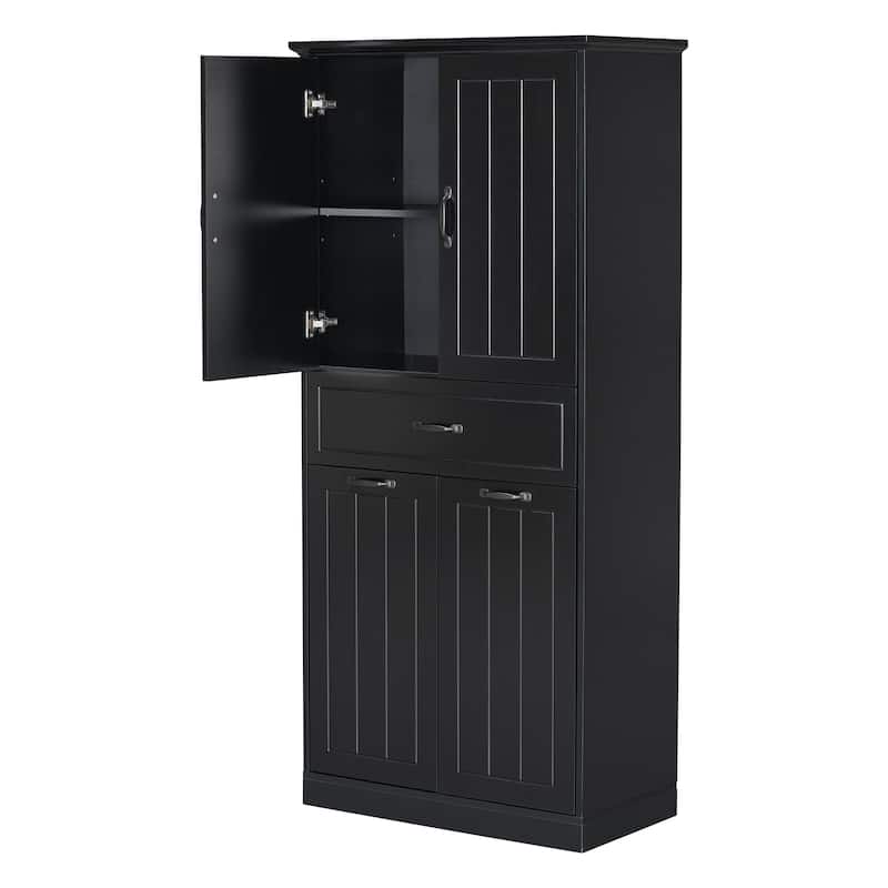 Roomfitters Bathroom Storage Cabinet with Double Laundry Hampers, Doors and Drawer Organizer