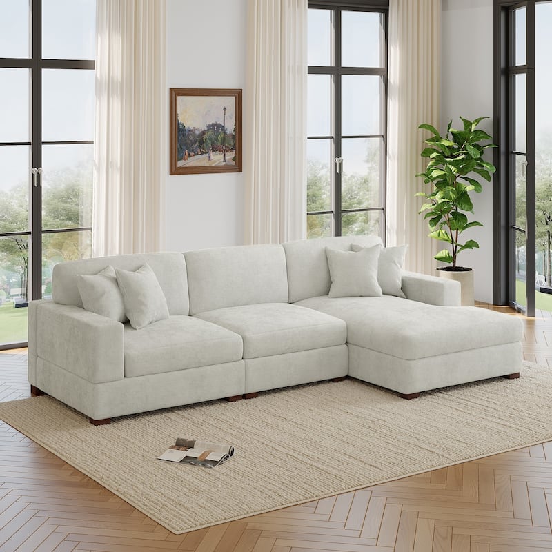 Oversized Modern Chenille Modular Sectional Sofa with Chaise - Right Facing - Off White-3 Piece