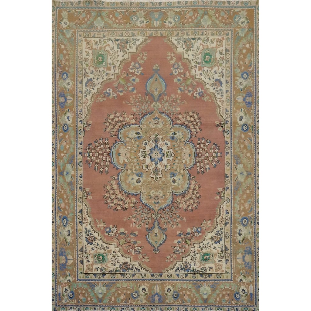 Hand Knotted Oriental 100% Wool Carpet Traditional Floral Oranges & Rust Tabriz Area Rug - 9' 4'' X 6' 5''