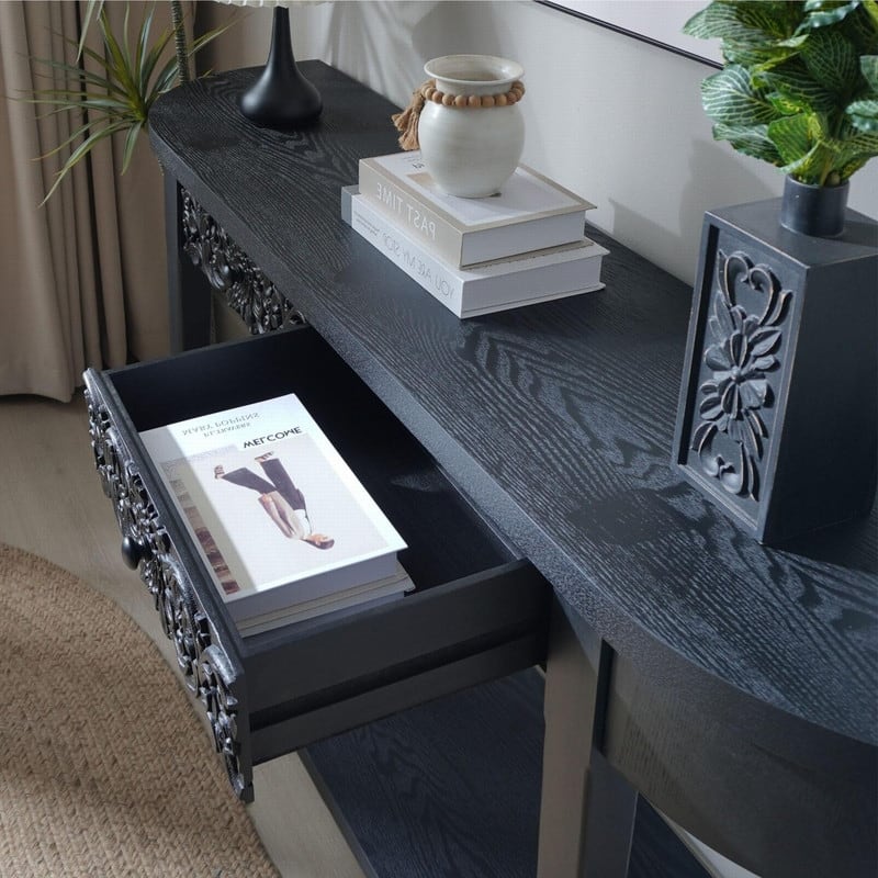 59.2" Carved Wooden Console Table with Storage Shelf and Drawers for Entryway or Living Room