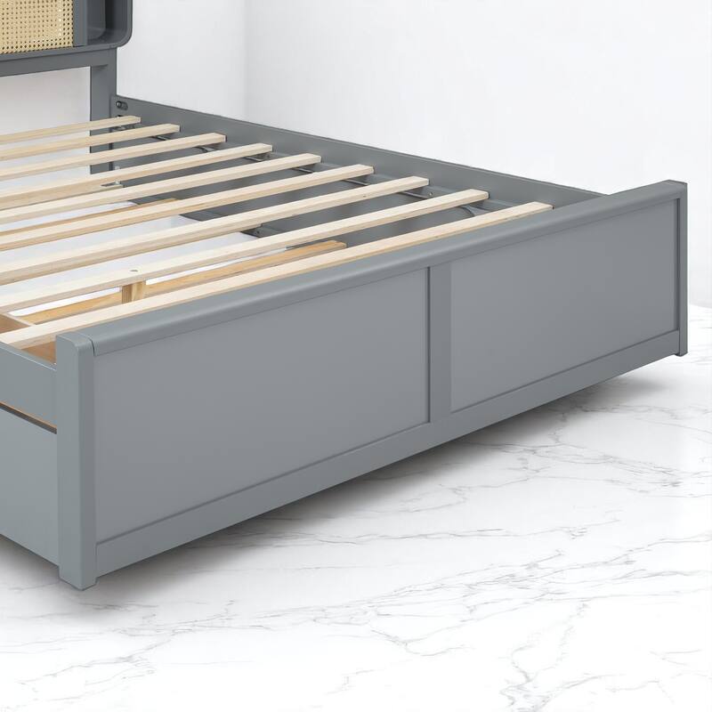 Queen Size Rattan Headboard Bed with Storage Drawers and Pull-Out Trundle, Wood Frame with Organizer Shelves