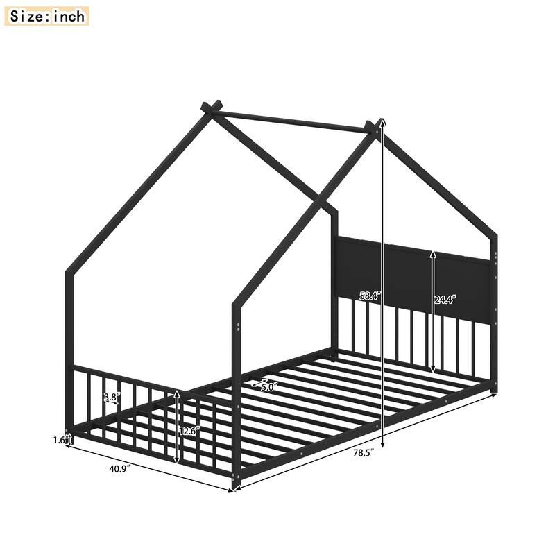 Twin Size Metal House Bed with Roof and LED Lights, Kids Bed Frame with Slats, No Box Spring Needed