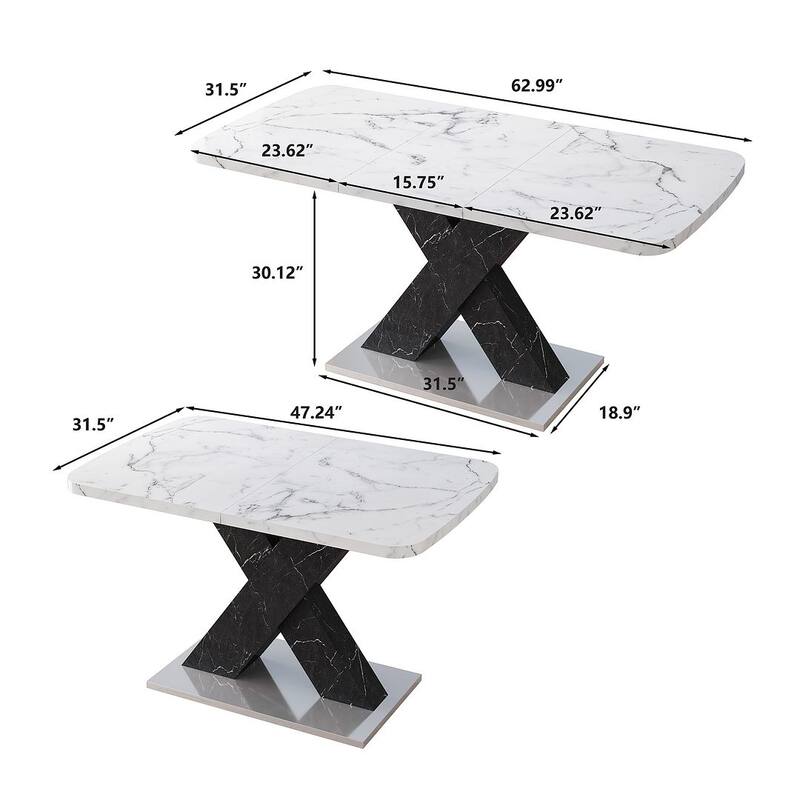 62.99" Faux Marble Rectangular Extendable Dining Table with X-Legs and Metal Base