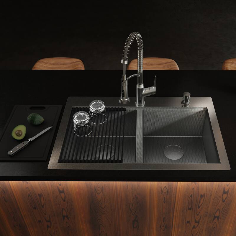 Matrix 33" Top Mount Workstation 16 Gauge Double Bowl Stainless Steel Kitchen Sink with Accessories