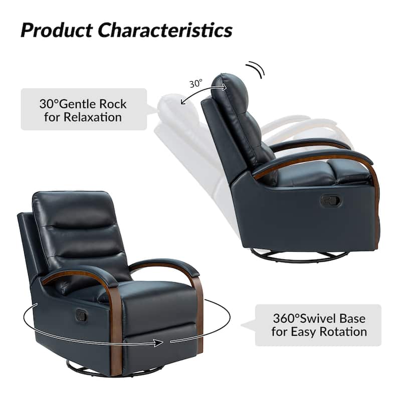 Leopold Modern Genuine Leather Swivel Rocking Manual Recliner Chair with Wooden Arm Accents by HULALA HOME