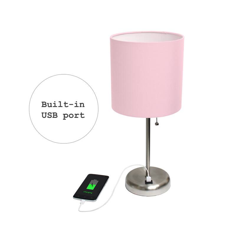 19.5 in. Brushed Steel Finish Table Lamp with Pink Shade, Durable Stick Lamp for End/Side Tables, Set of 2