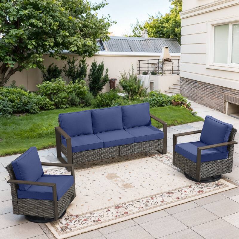 Gymojoy Outdoor Wicker Patio Furniture Sofa Set - 3-Piece Sofa Set - Swivel Chairs - Grey Wicker / Blue Cusion