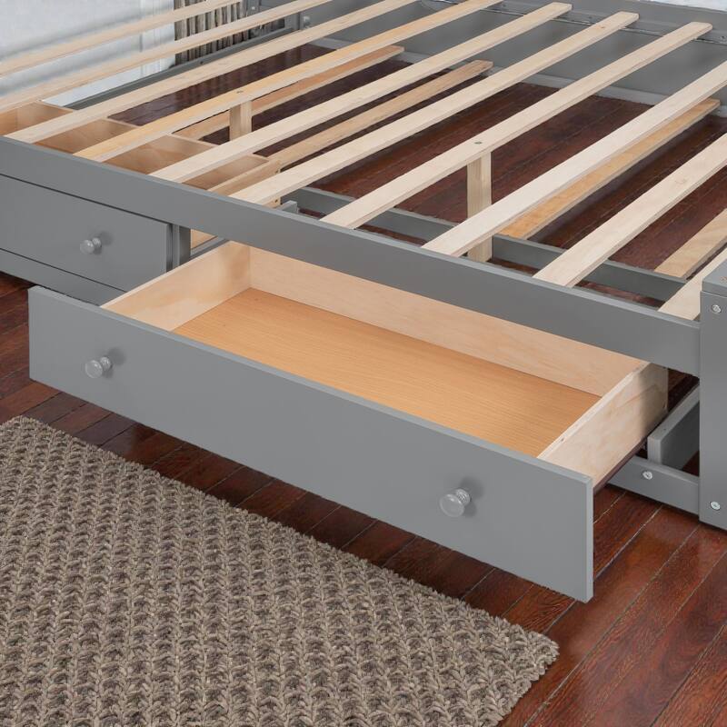 Wooden Platform Bed with Storage Headboard, Drawers, Twin Trundle and Built-In Outlets