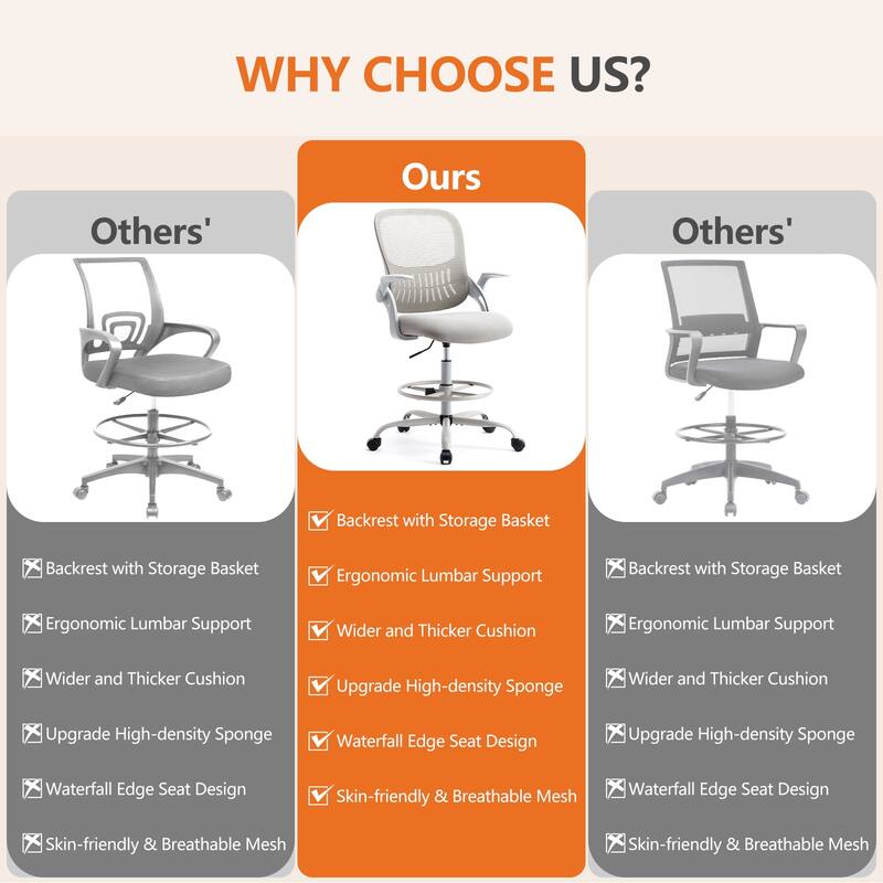 Drafting Tall Office Chair Ergonomic High Desk Chair with Flipup