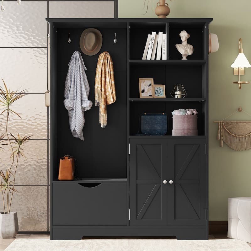 Anmytek Black 5 in 1 Hall Tree Entryway Storage Organizer with Shoe Bench Hooks Cabinet - Black