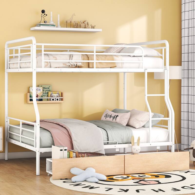 Contemporary Full XL Over Queen Bunk Bed with 2 Storage Drawers, Iron Frame, and Safety Guardrails - White