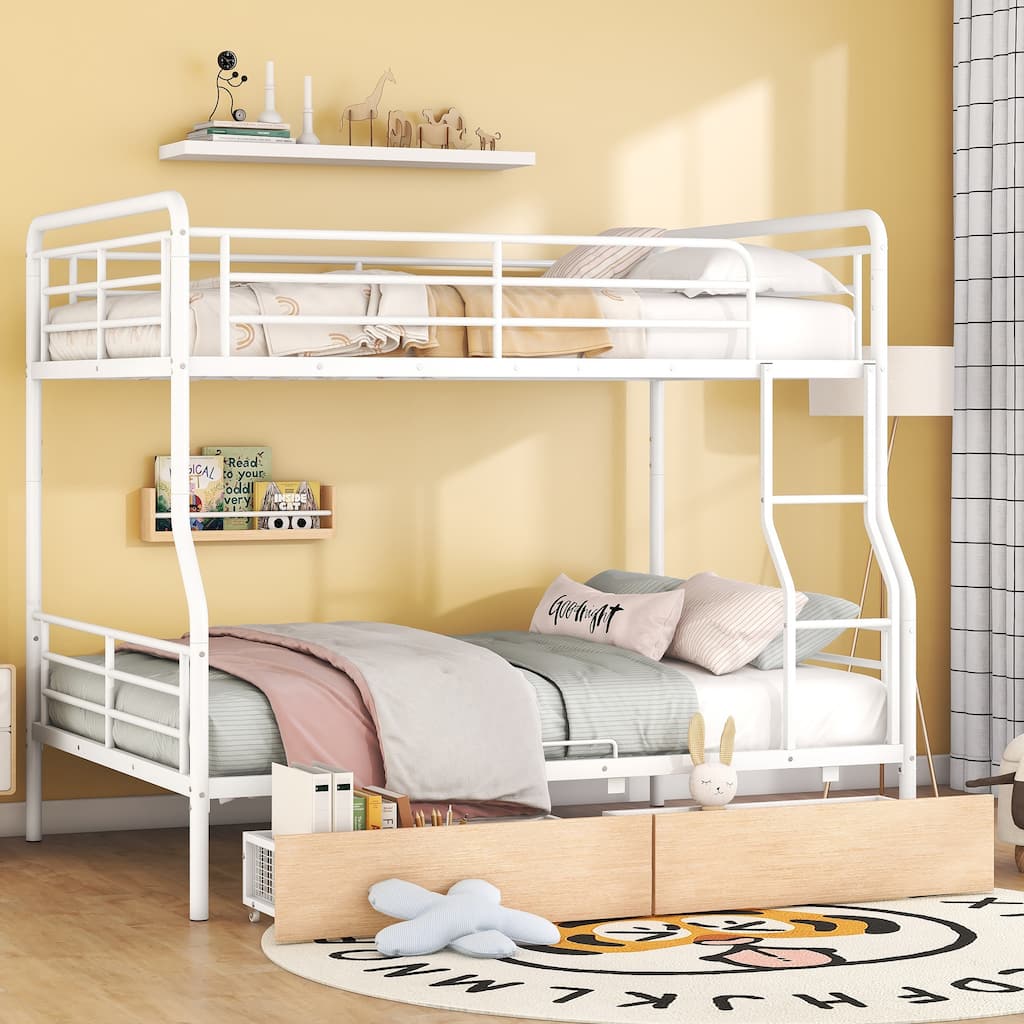 White Full XL Over Queen Metal Bunk Bed with 2 Drawers, Sturdy Iron Frame, Space-Saving Design
