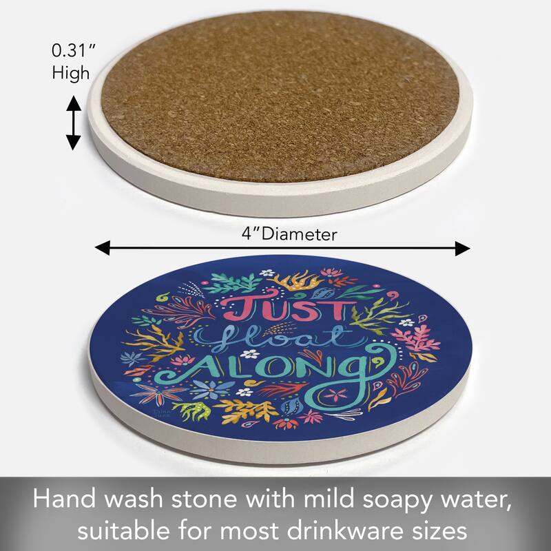 Float Along 4 Pack Absorbent Stone Coaster with Protective Cork Backing Made in The USA 4" Round, Easily Wipes Clean