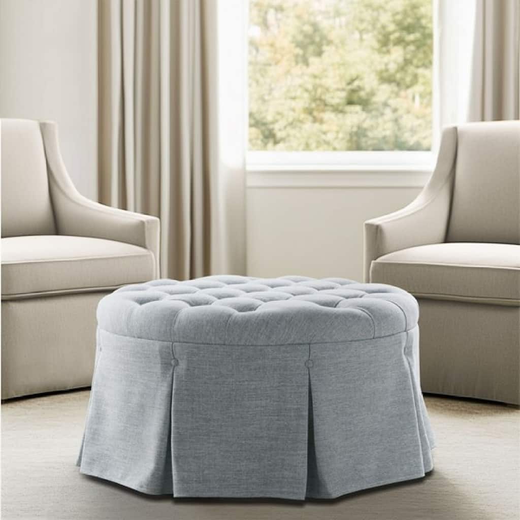 Roomfitters Skirted Tufted 32" Round Ottoman with Pleated Fabric Design, Upholstered Cocktail Ottoman for Living Room