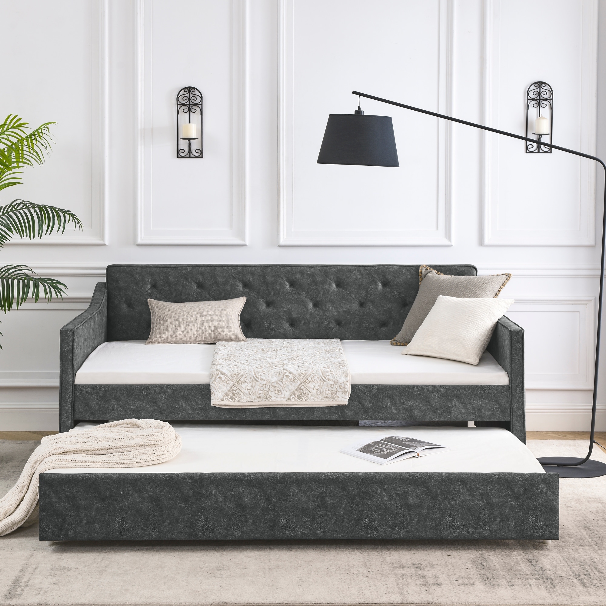 Grey Upholstered Tufted Sofa Bed Twin Size Daybed with Trundle