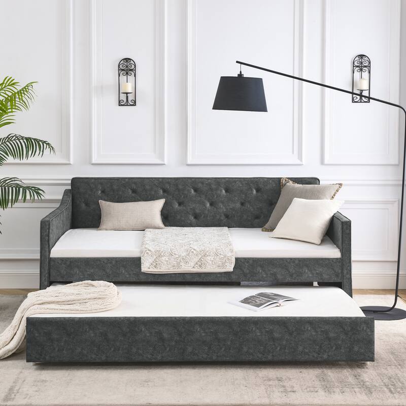 Grey Upholstered Tufted Sofa Bed Twin Size Daybed with Trundle - Grey - Twin