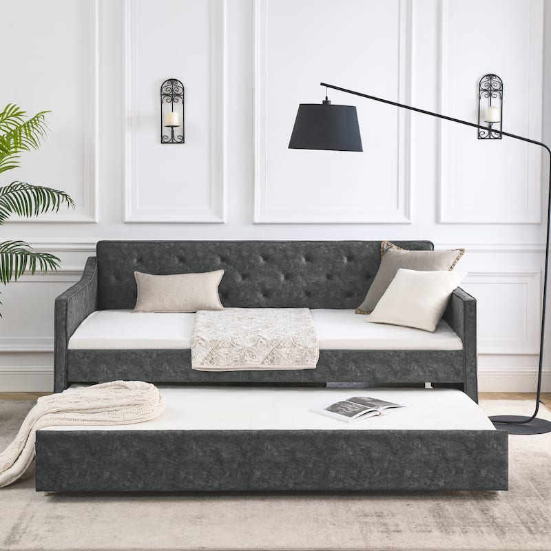 Twin Size Daybed with Twin Size Trundle Upholstered Tufted Sofa Bed,Waved Shape Arms(80.5"x44.5"x33.5")