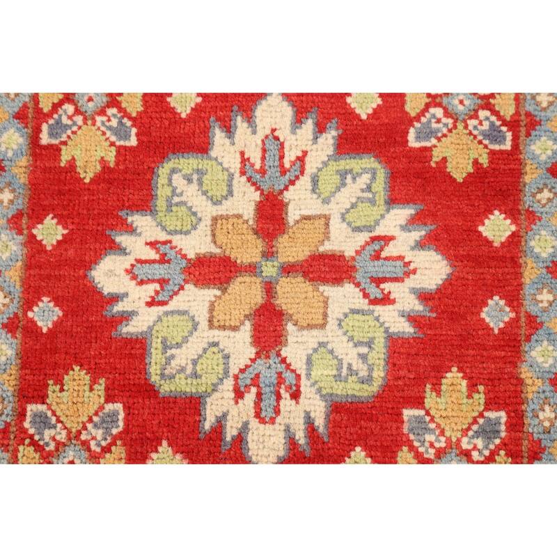 Geometric Red Kazak Oriental Runner Rug Hand-Knotted Wool Carpet - 2'2" x 6'3"