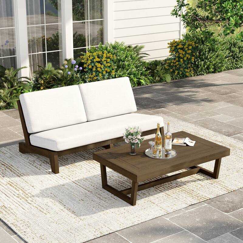 3 Seat Wood 64" W Cushioned Outdoor Patio Sofa with Coffee Table