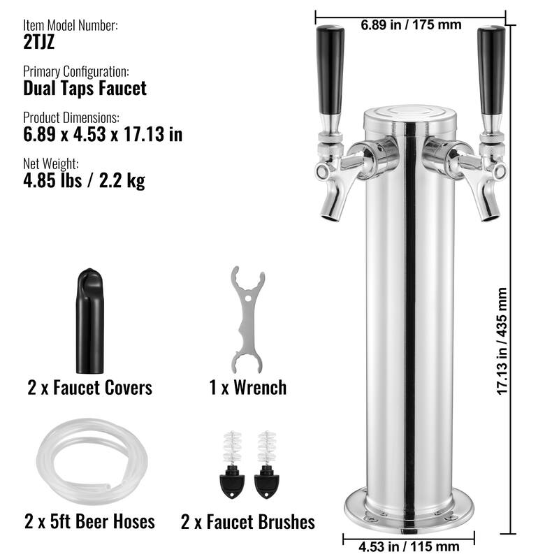 Draft Beer Tower Dispenser, Stainless Steel Keg Beer Tower, Kegerator Tower Kit with Pre-Assembled Tubing