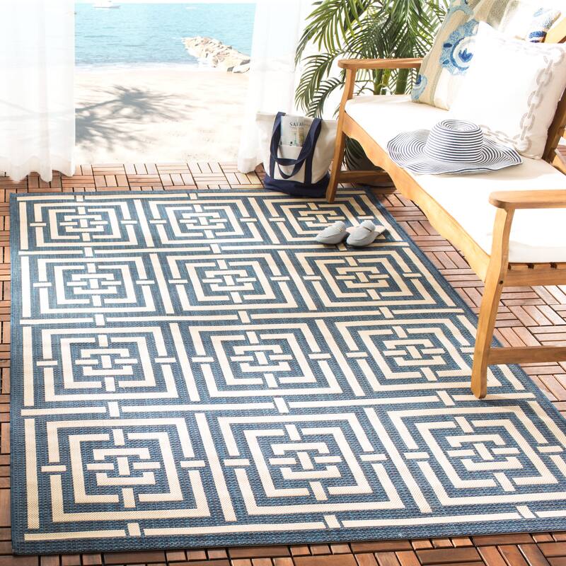SAFAVIEH Courtyard Ginger Indoor/ Outdoor Waterproof Patio Backyard Rug - 2'7" x 5' - Navy/Beige