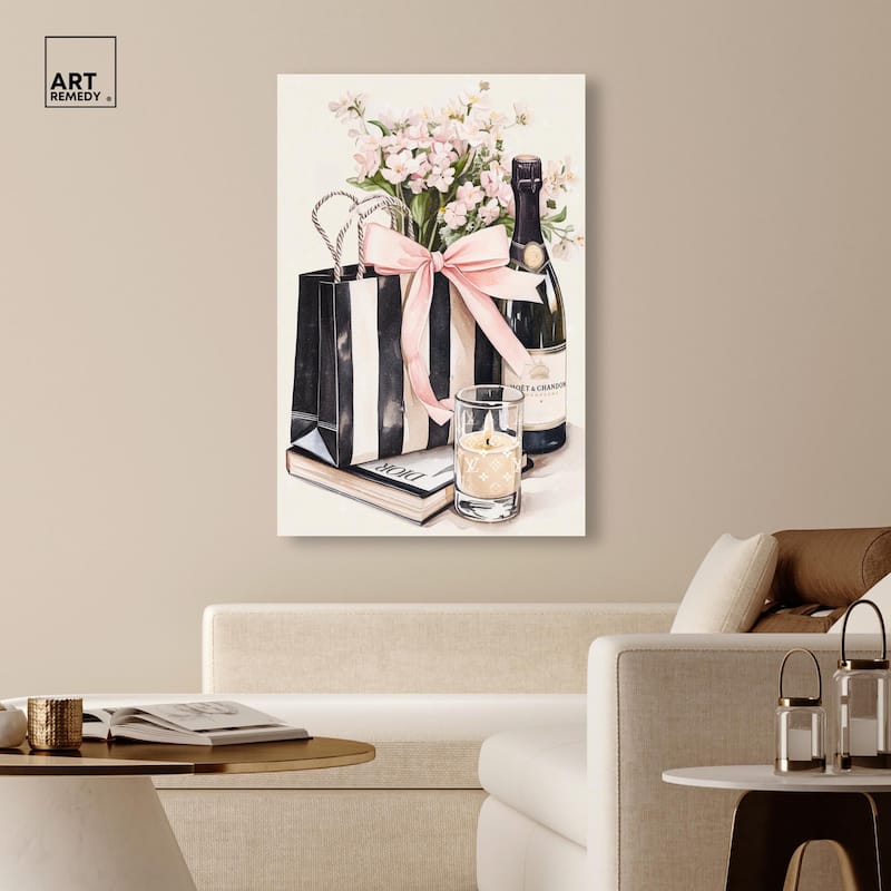 Shopping Bag and Some Drinks Canvas by Art Remedy, Gallery Wrapped